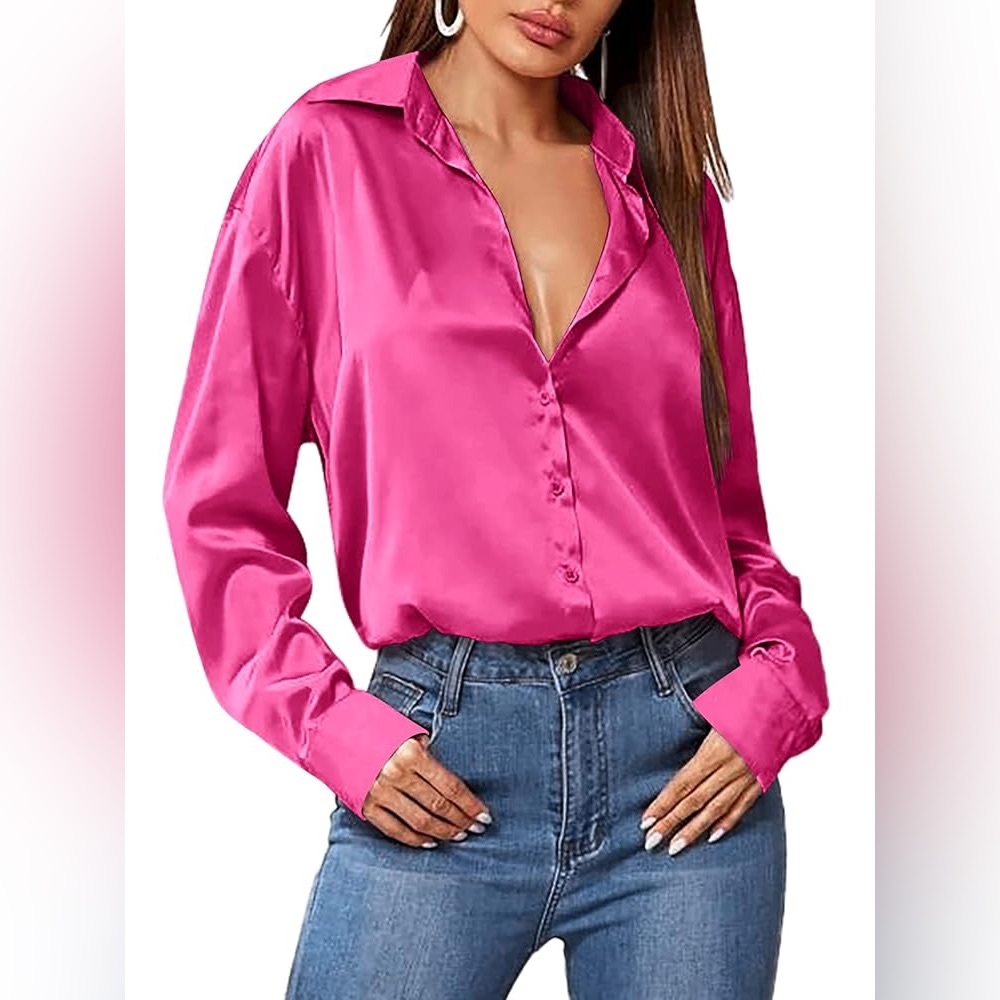 Satin Fuchsia Button-Up Women's Top Long Sleeve size Medium Hot Pink collar - Picture 2 of 6